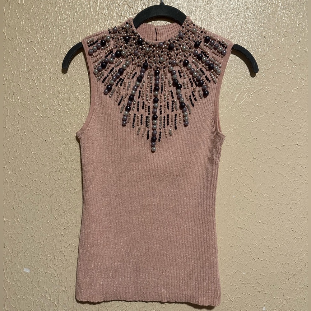 Beaded Short Sleeve Ribbed‎ Top Size Small